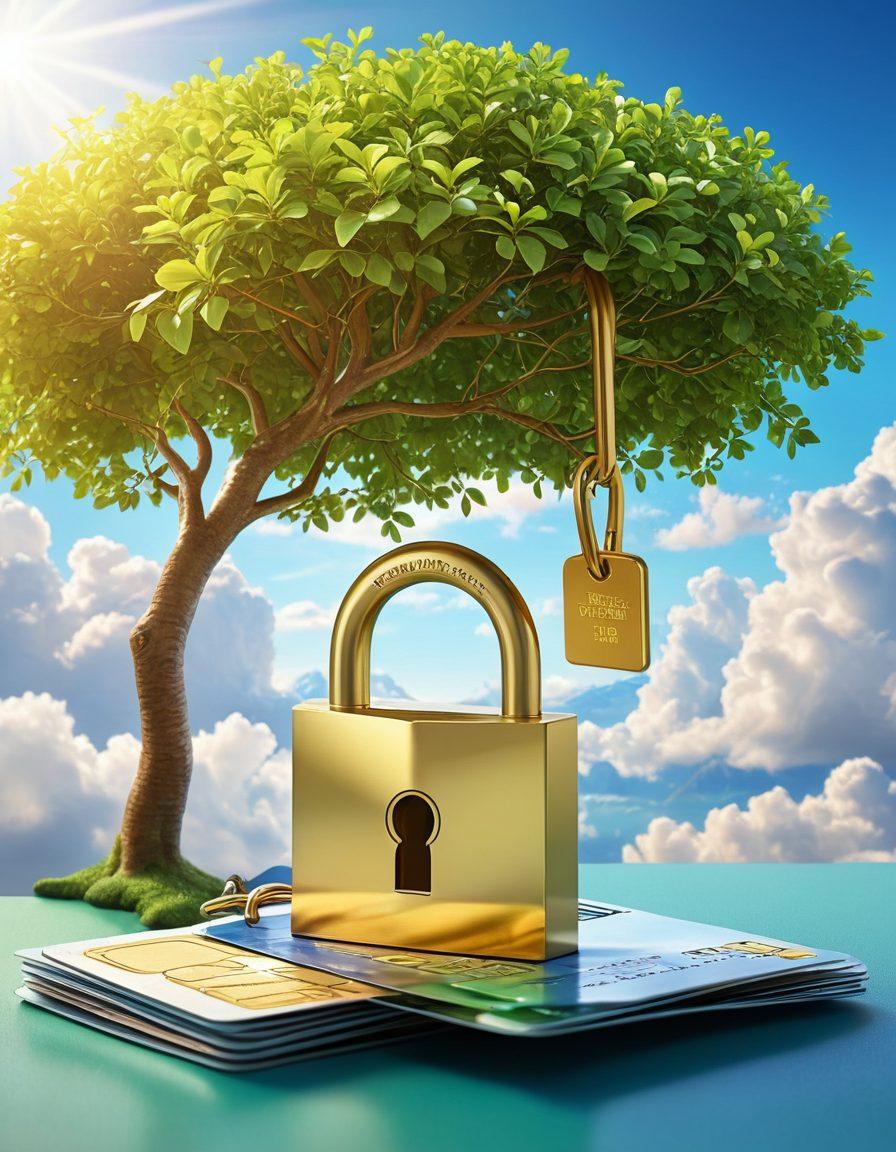 A vibrant and inviting illustration showcasing a key unlocking a massive, golden padlock labeled 'Financial Wellness.' Surround the scene with symbols of creditworthiness such as a rising graph, credit cards sparkling under sunlight, and a flourishing tree representing growth and prosperity. The background features a serene landscape with a bright blue sky and soft clouds, symbolizing a beautiful future. super-realistic. vibrant colors. 3D.