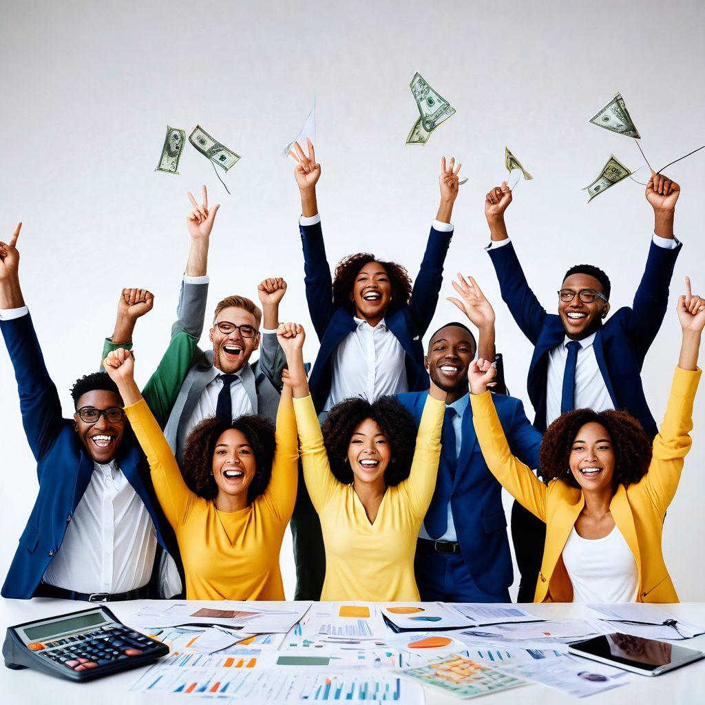 A diverse group of individuals celebrating their financial successes, surrounded by uplifting symbols of credit improvement like upward arrows, credit score gauges, and money trees. The scene conveys a sense of empowerment and optimism with bright colors and soft lighting, featuring a modern workspace with financial documents and calculators in the background. super-realistic. vibrant colors. white background.